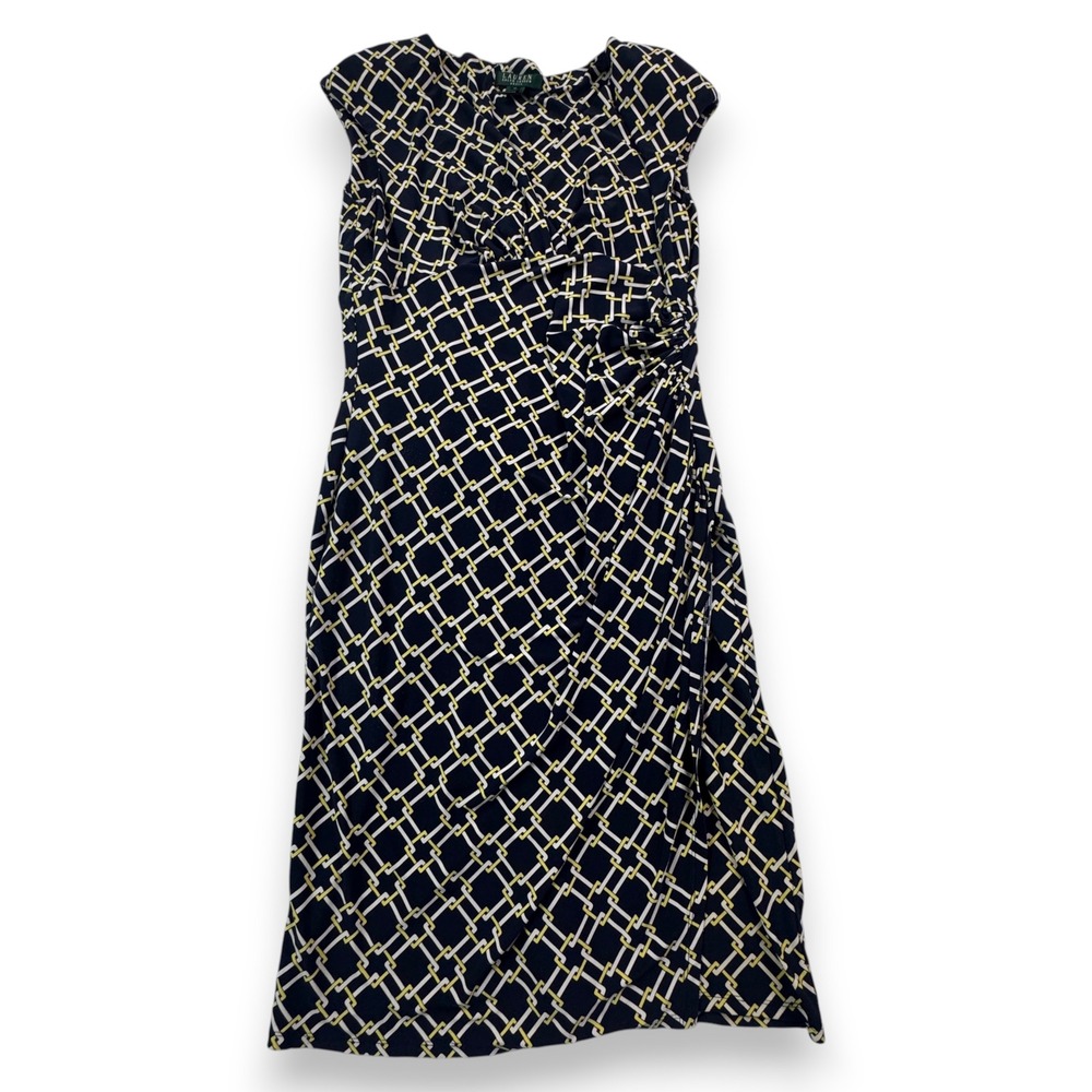 Lauren Ralph Lauren Navy Geometric Chain Link Ruched Sheath Dress Size 10